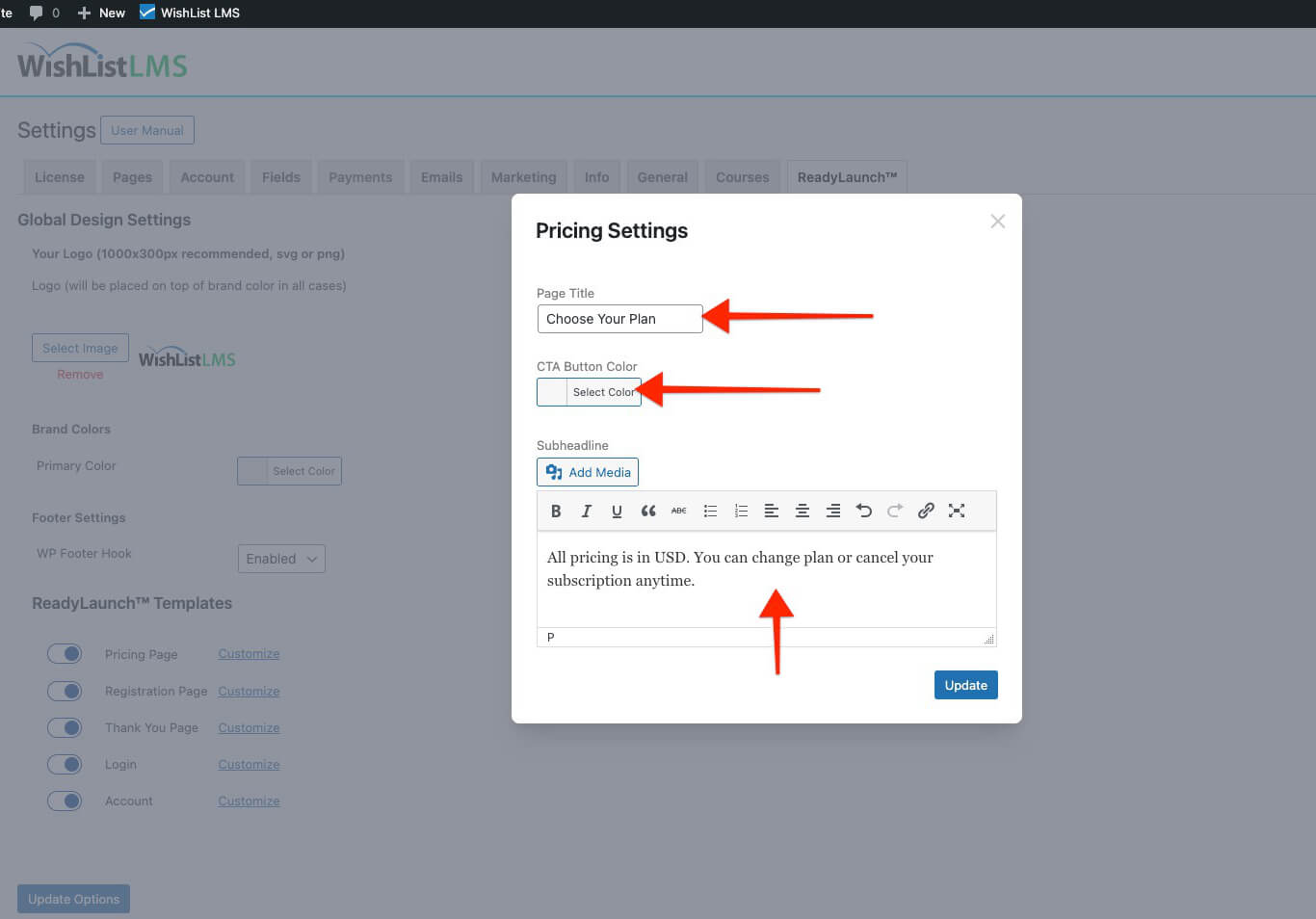 Pricing page settings