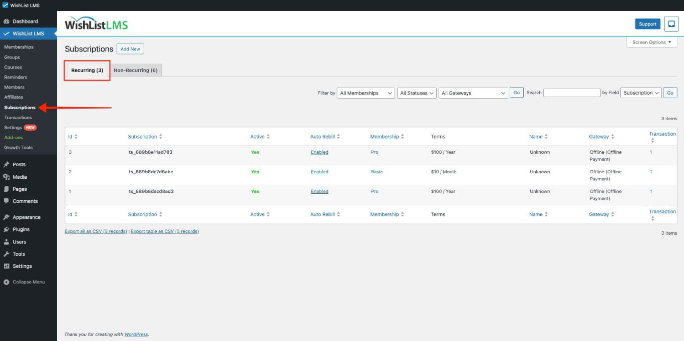 Recurring tab in subscriptions