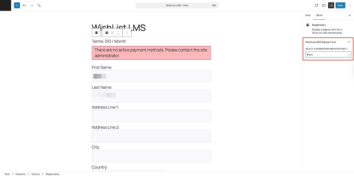 Selección de miembros del bloque de inscripción