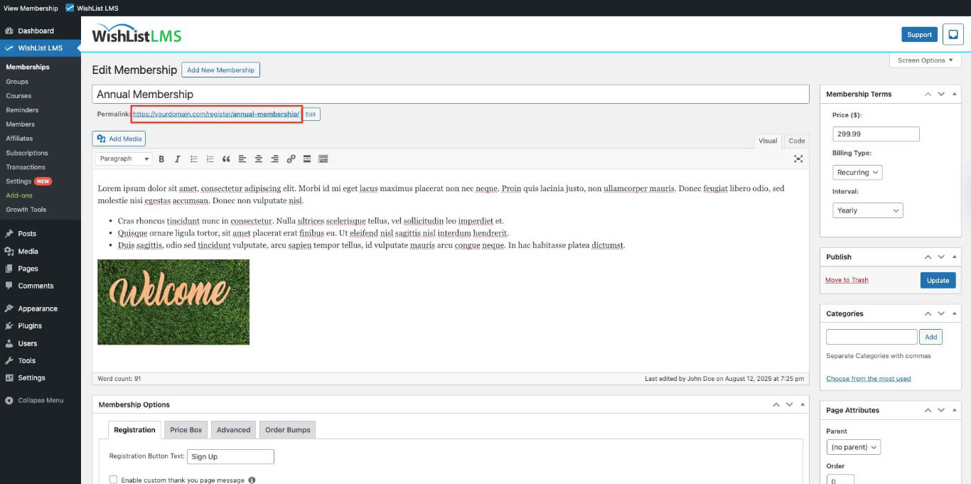 Registration pages URL