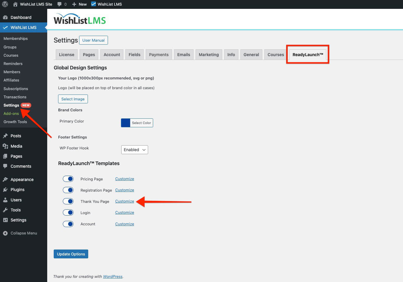 ReadyLaunch tab and Customize link