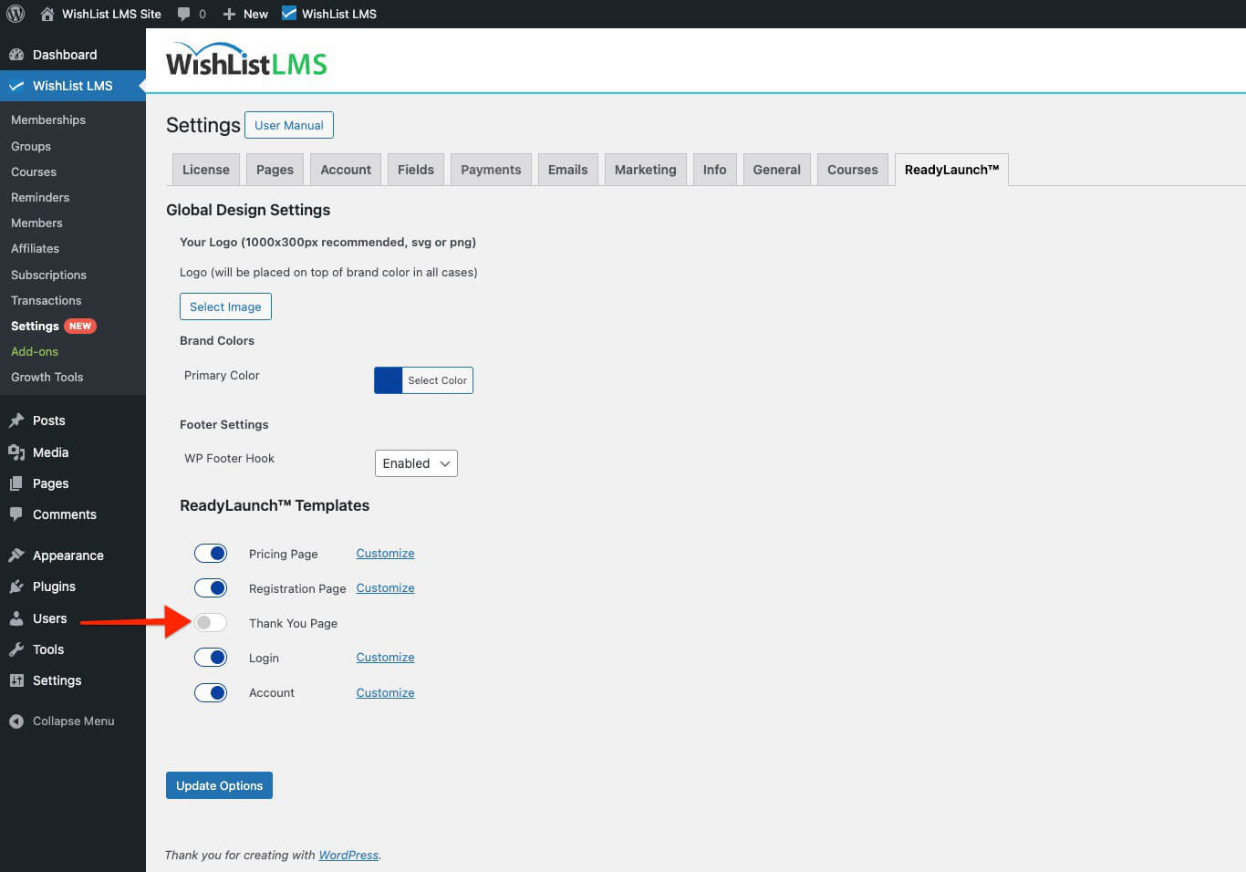 Thank you page LaunchPad option disabled