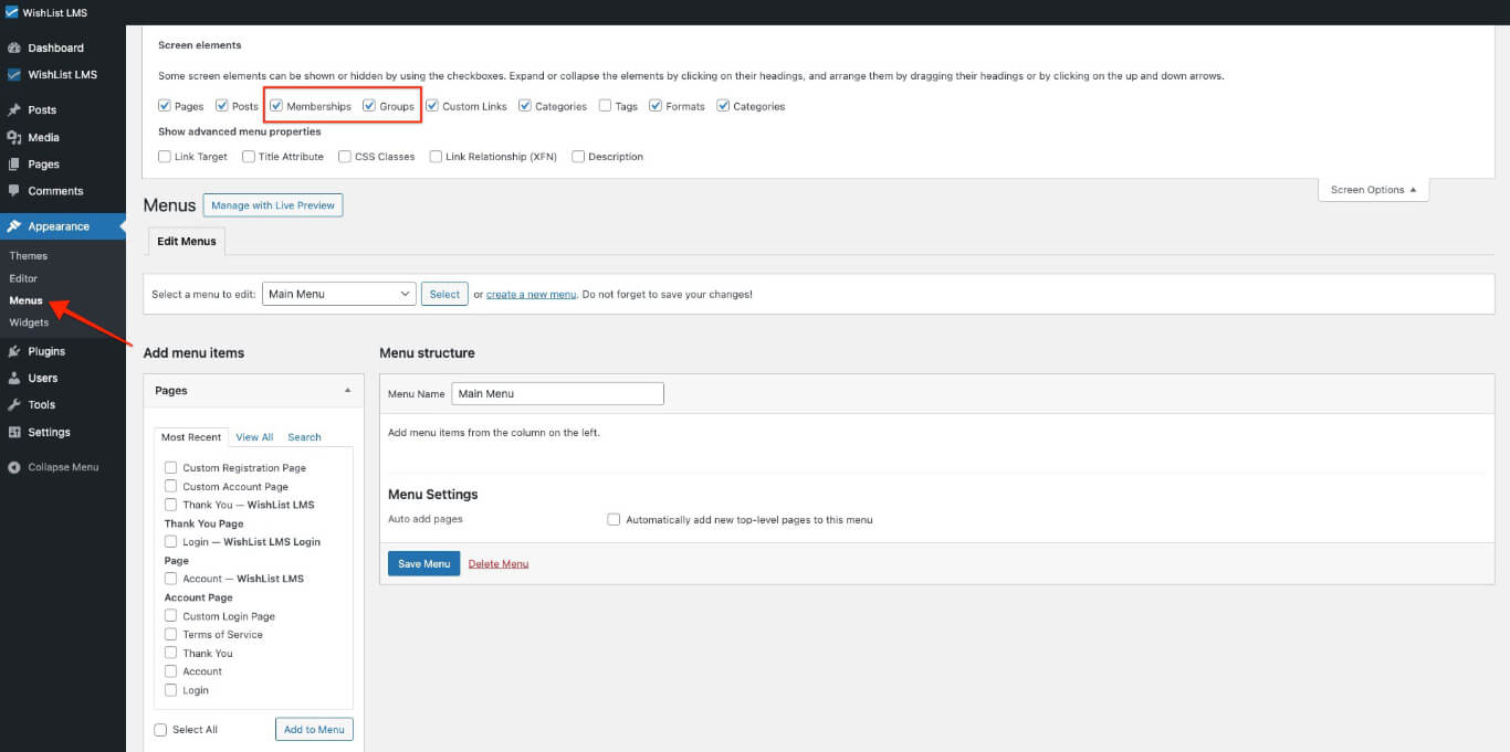 Menu screen options for memberships and groups