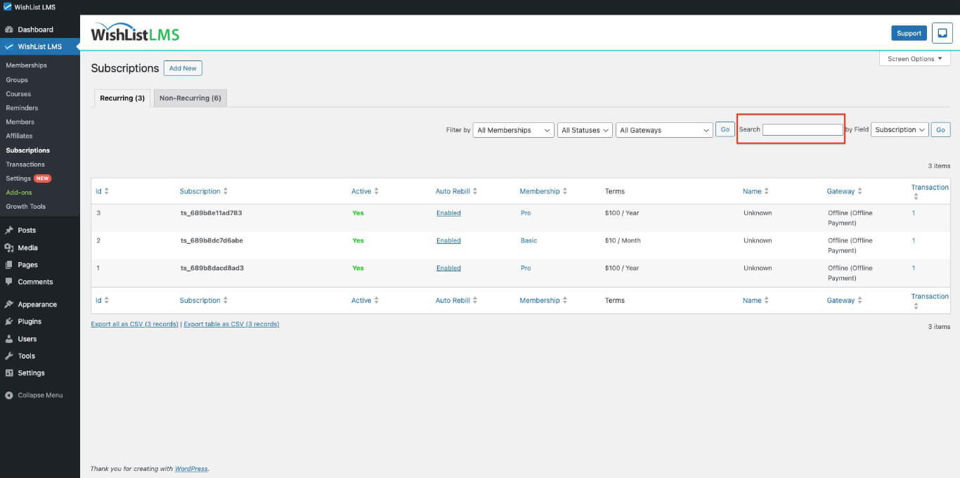 Search subscriptions