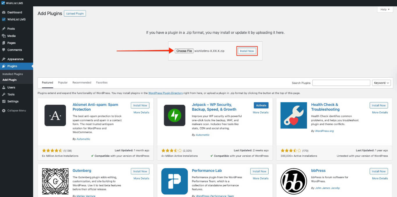 Select and install WishList LMS plugin