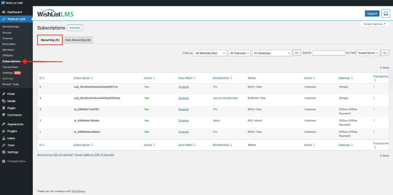 Subscriptions recurring tab