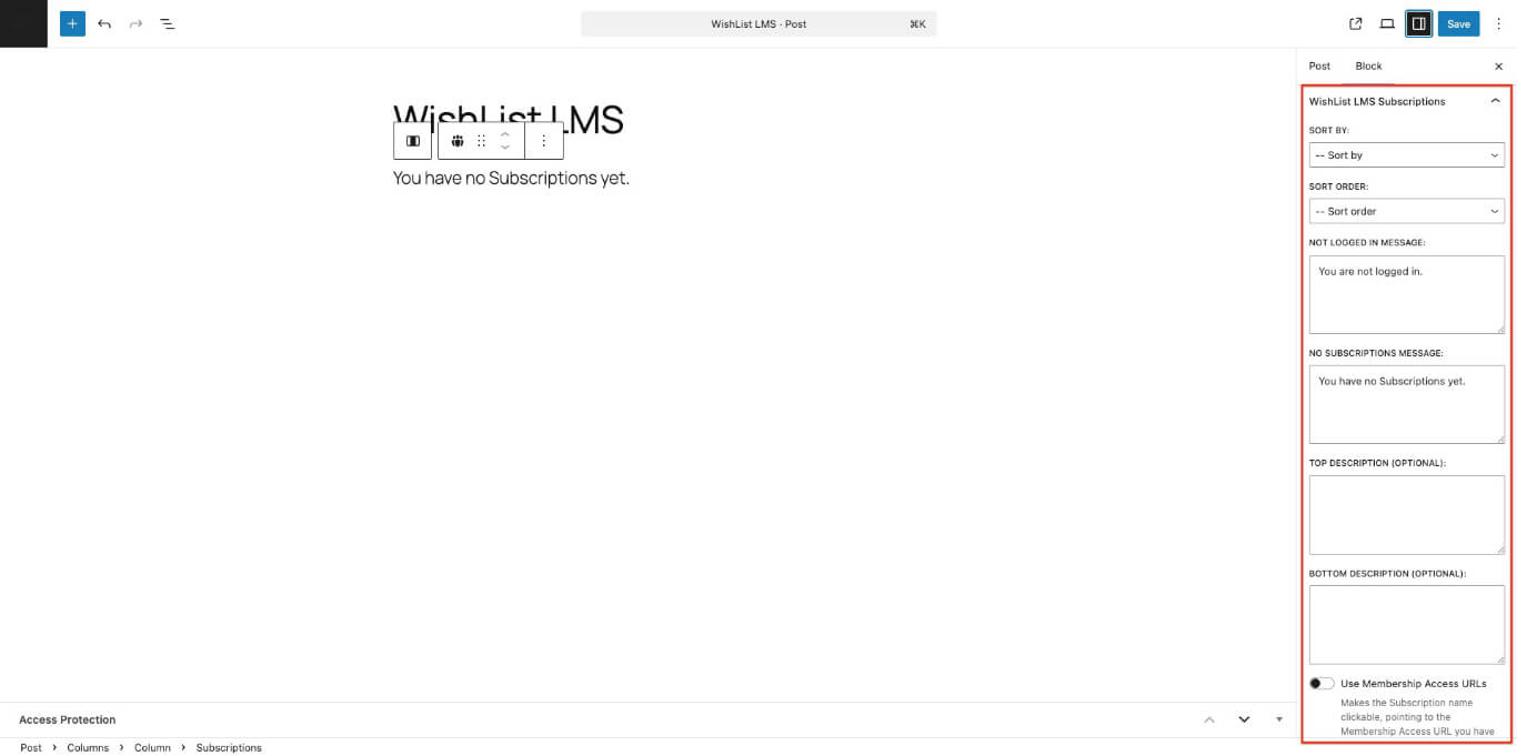Ajustes del bloque de suscripciones