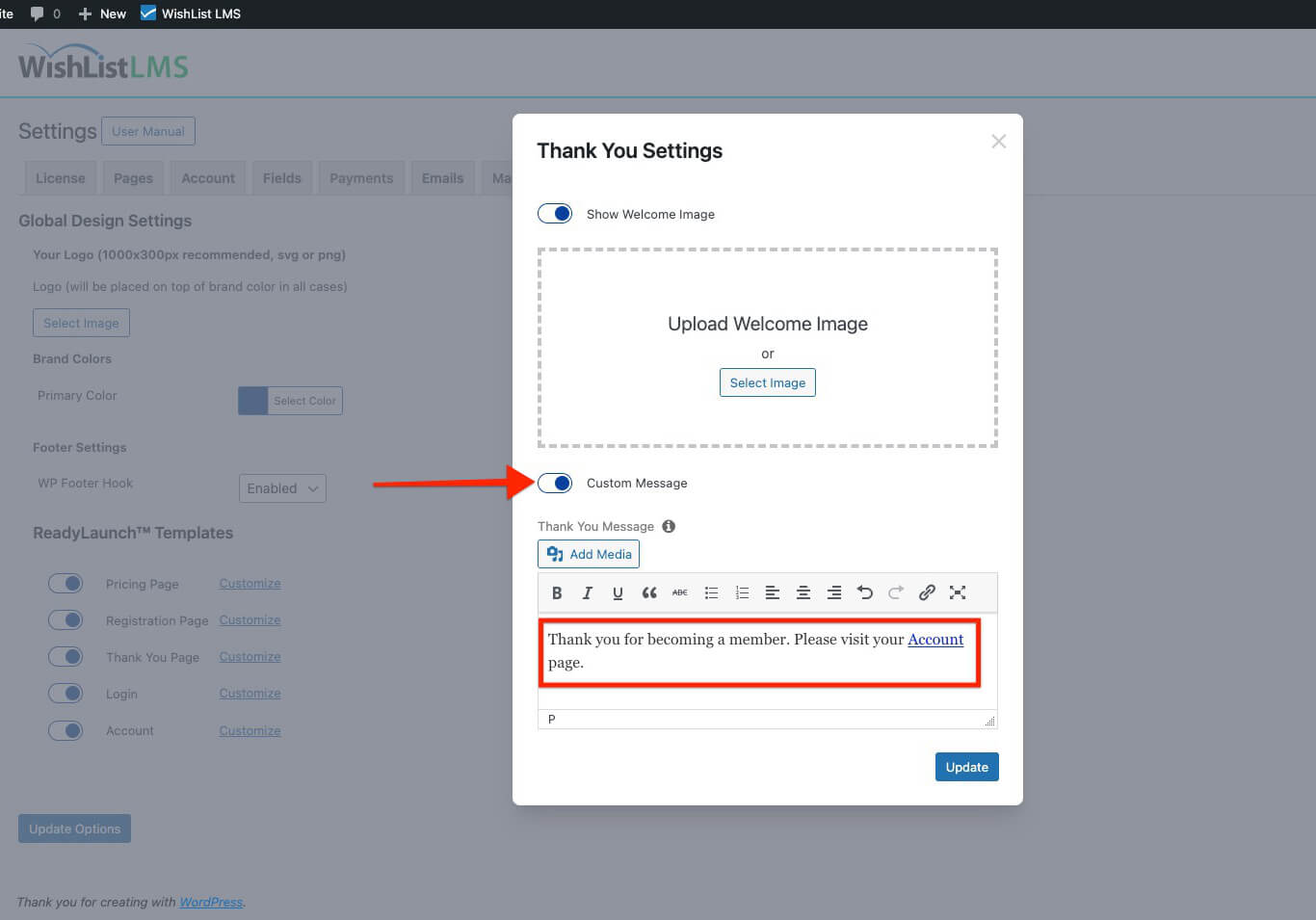 Toggle the custom message