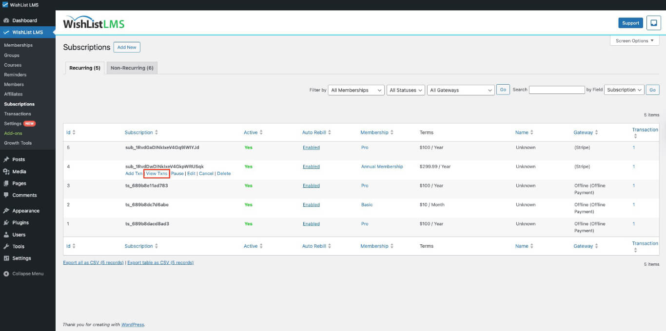 View transactions link