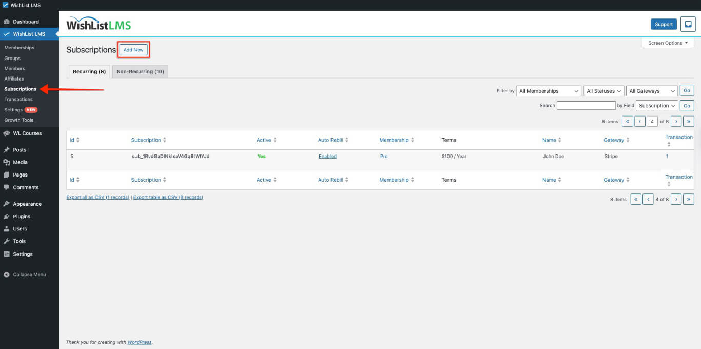 Add new subscriptions