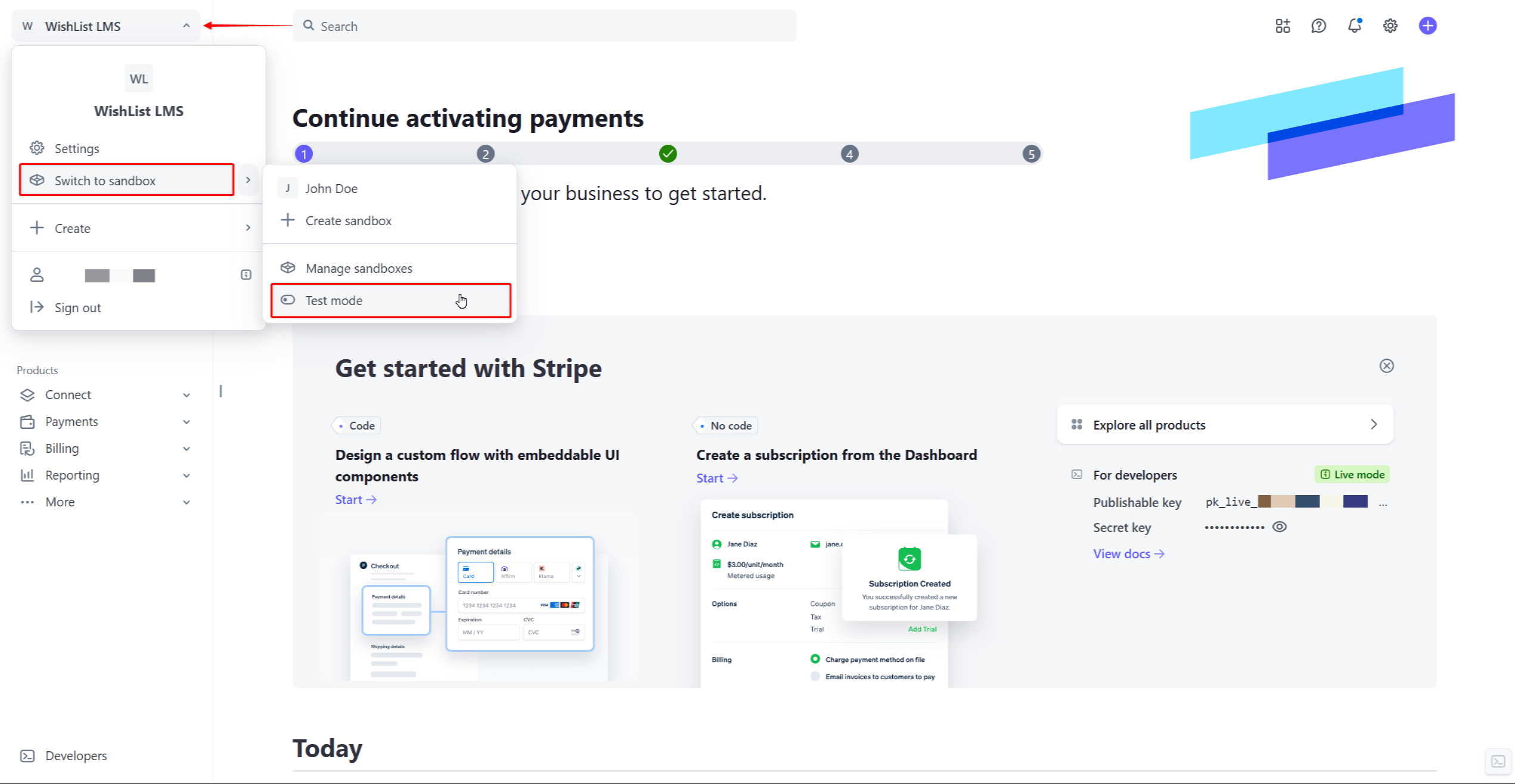 Switch Stripe Account to Test mode
