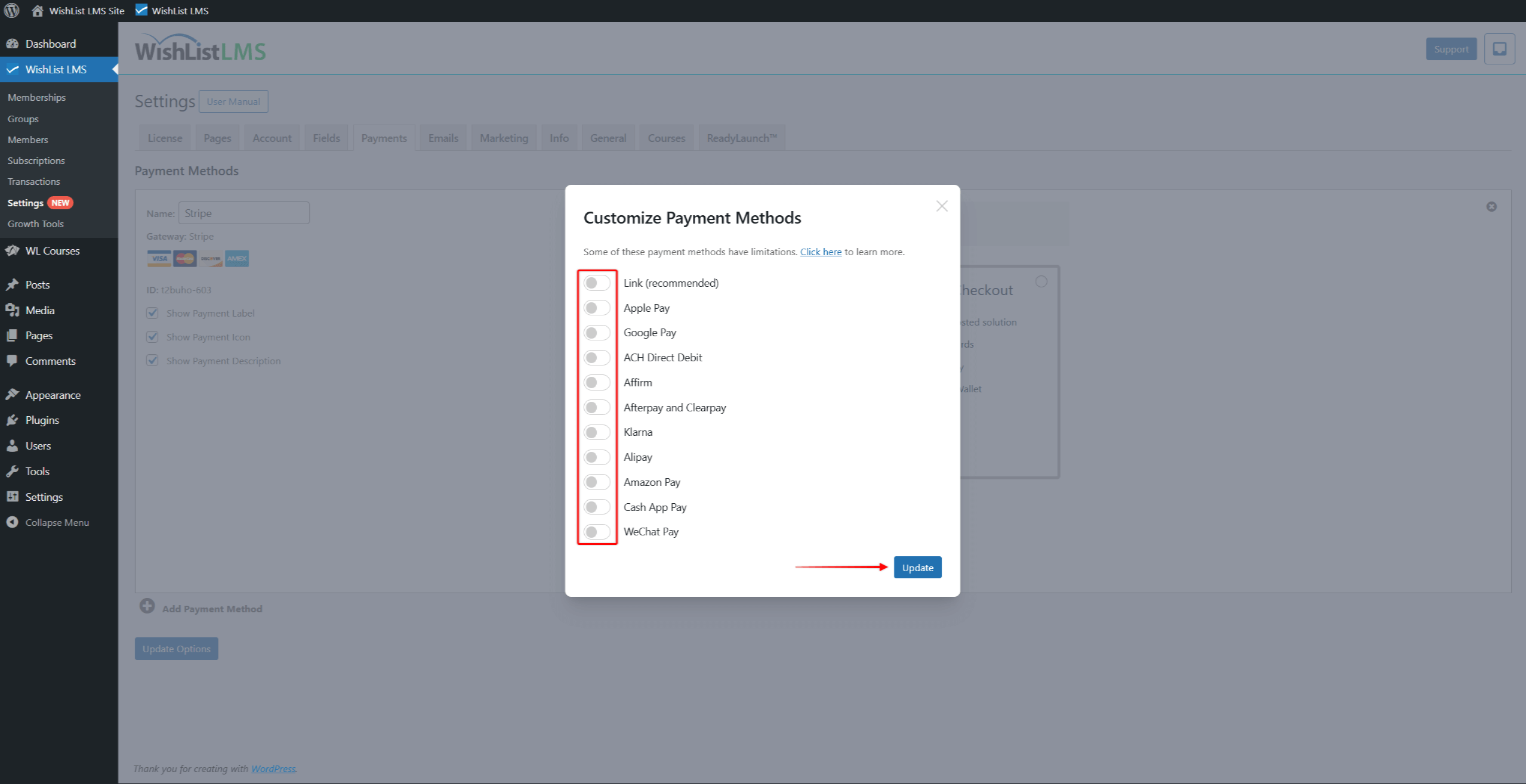 Available Stripe Payment Methods