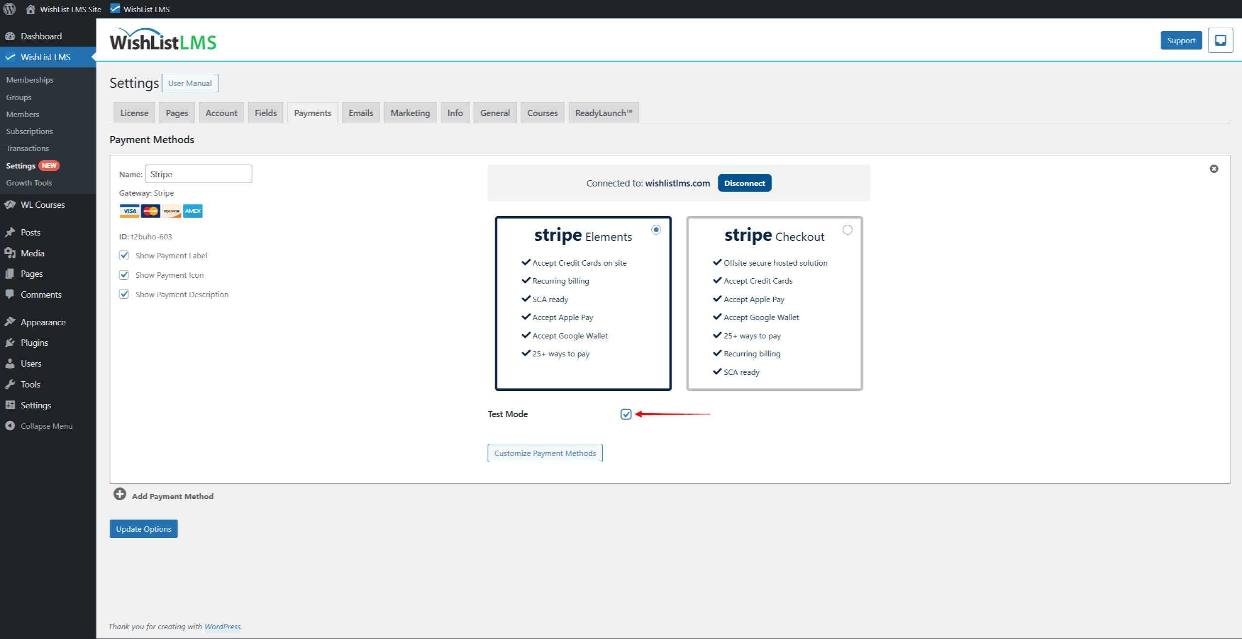 Enable Test mode in WishList LMS