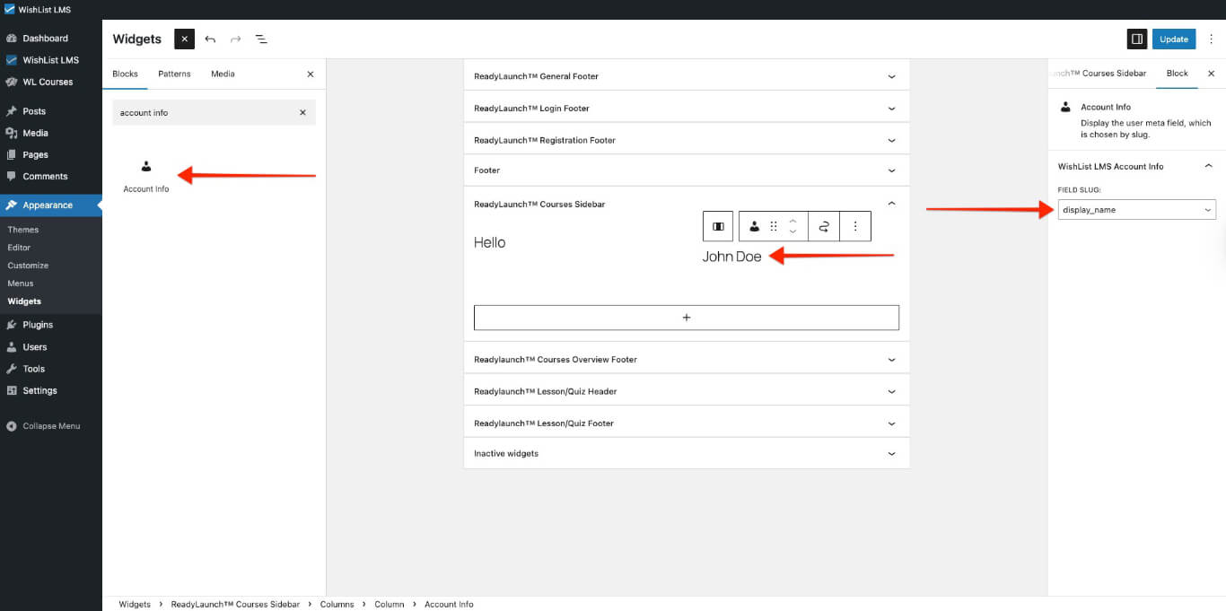 Widgets de información de la cuenta