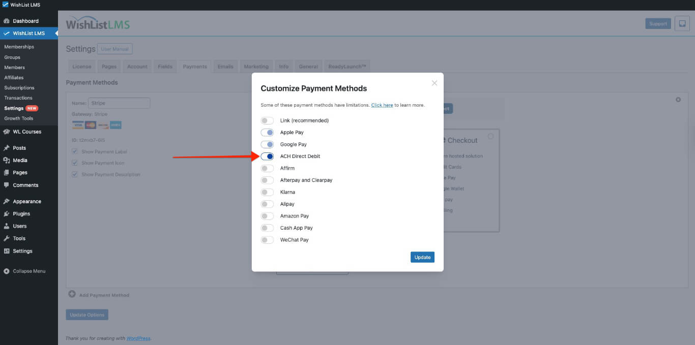 ACH direct debit payment method