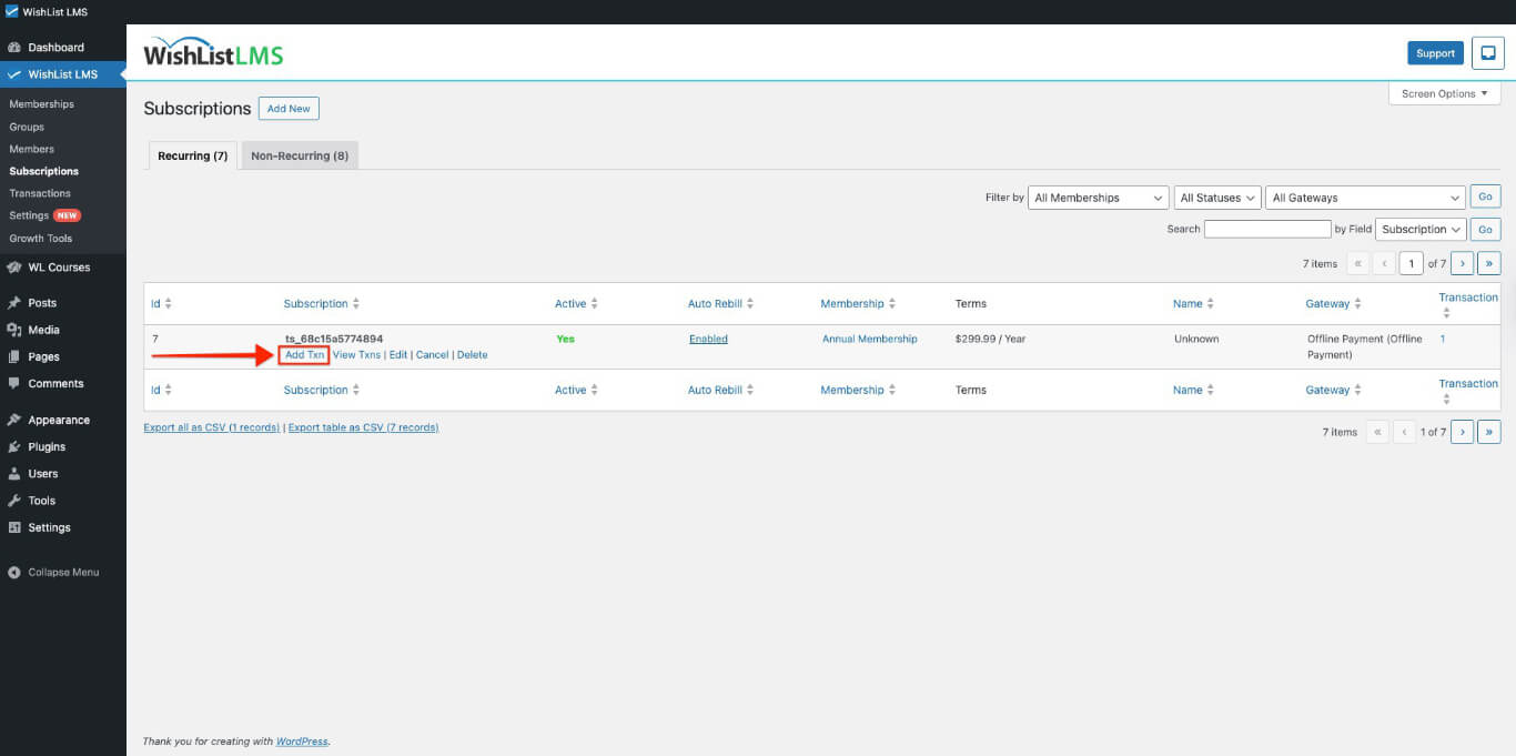 Hover over transaction and click add txn link
