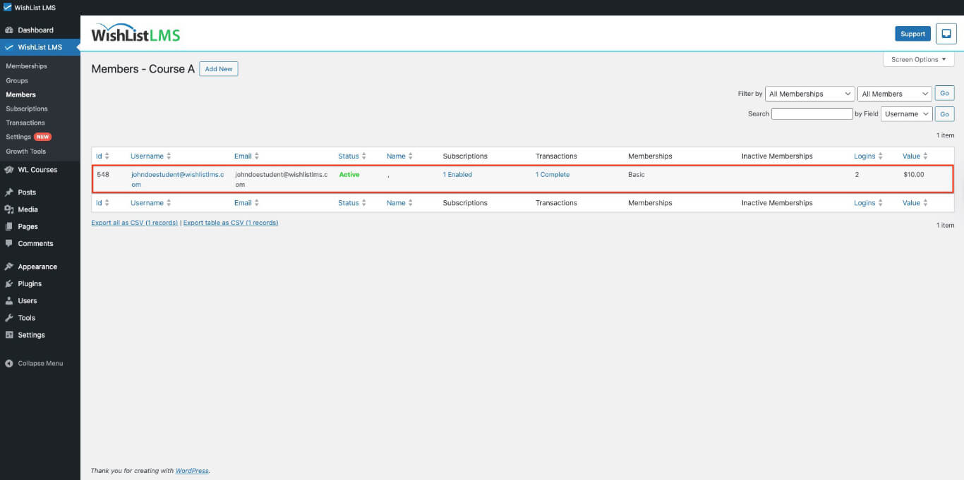 Courses participants user
