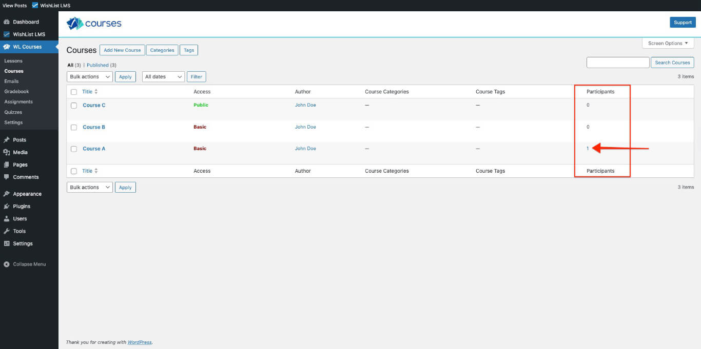 Courses participants column