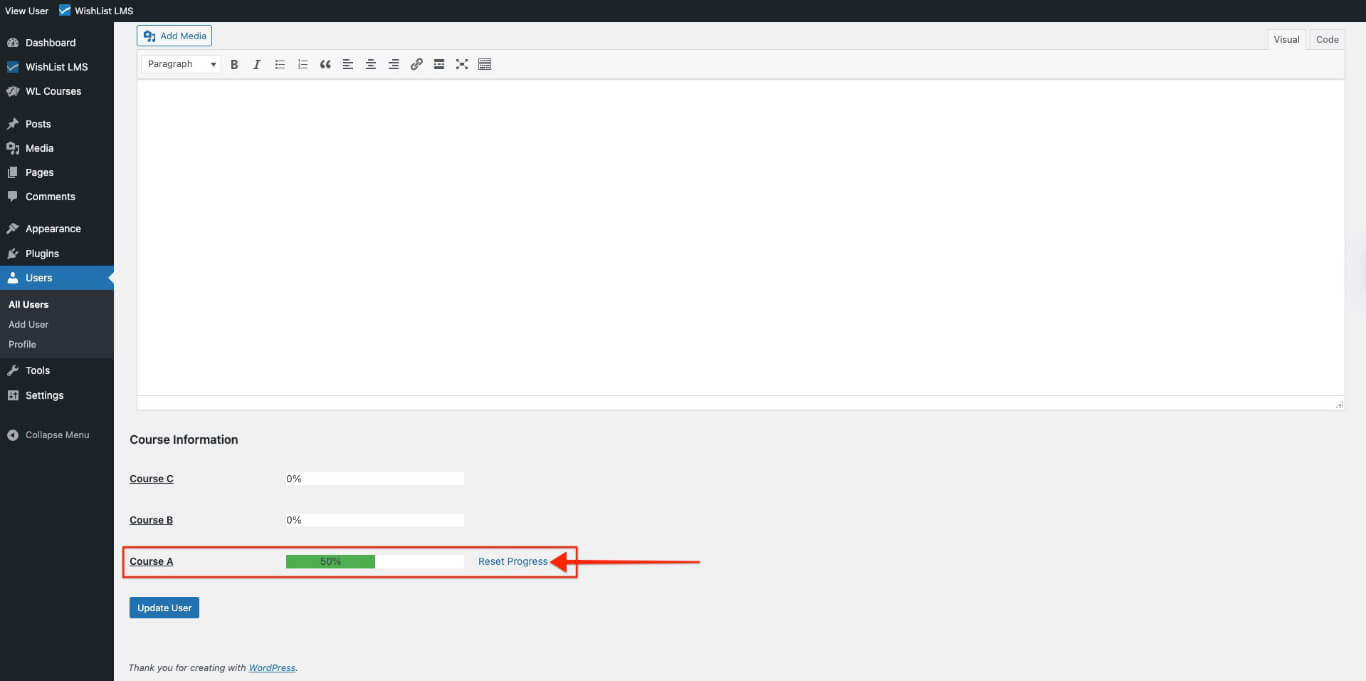 Reset users courses progress