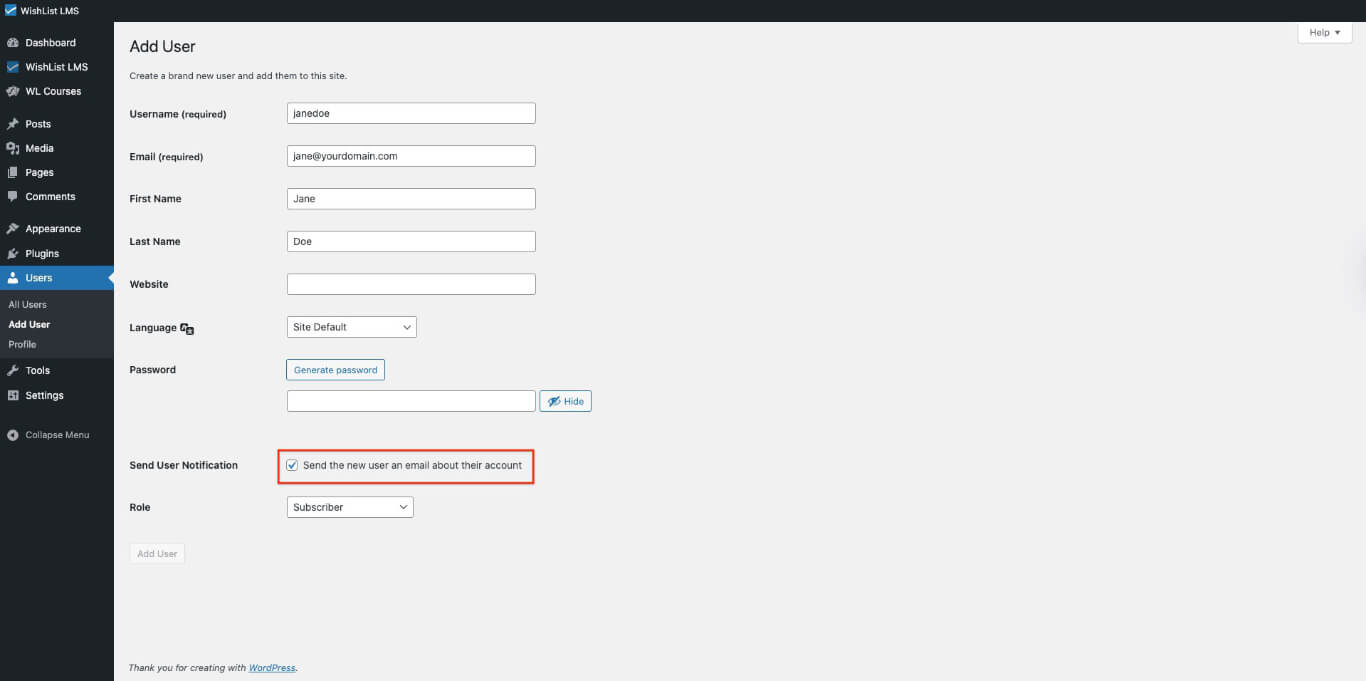 Send user email checkbox
