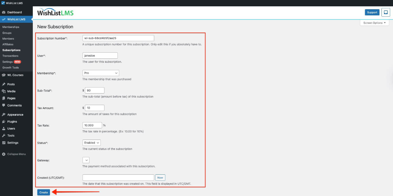 Subscriptions detail