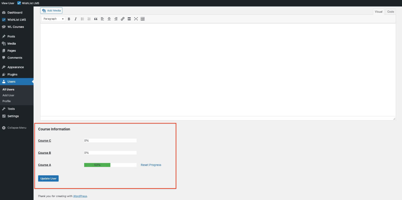 User progress for courses