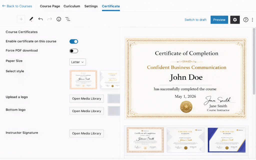 Generate course completion certificates in WishList LMS with customizable student and course details