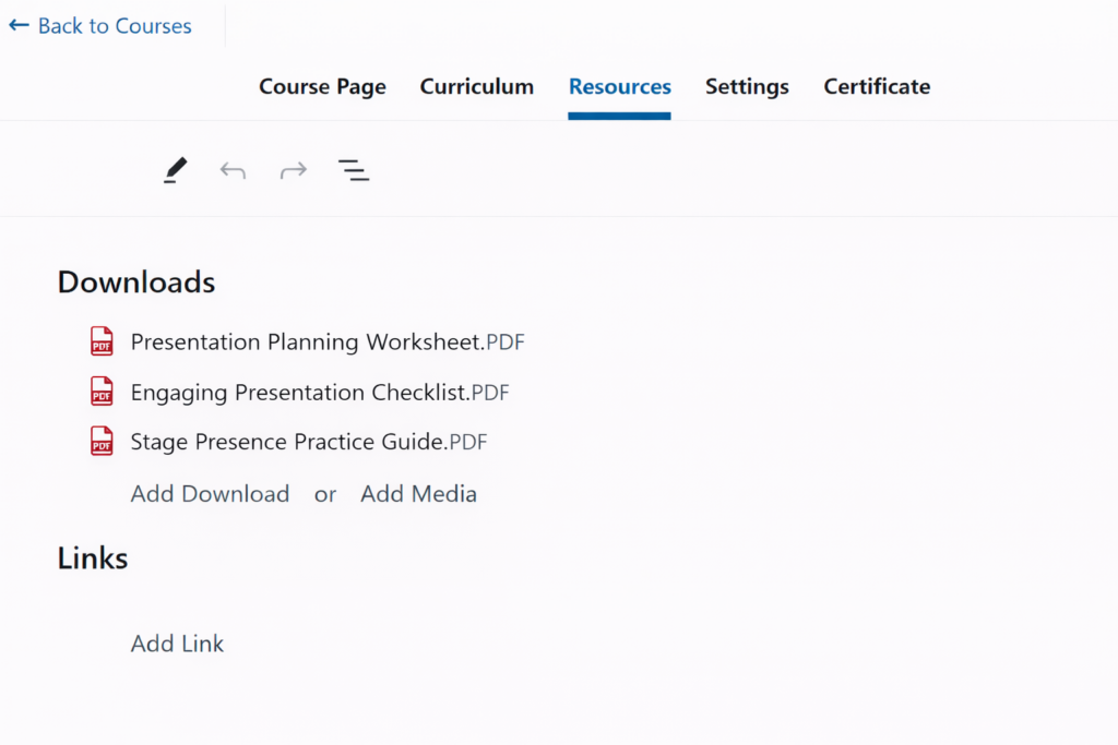 Use the WishList LMS Downloads add-on to add worksheets, PDFs, and templates as lesson resources within your course
