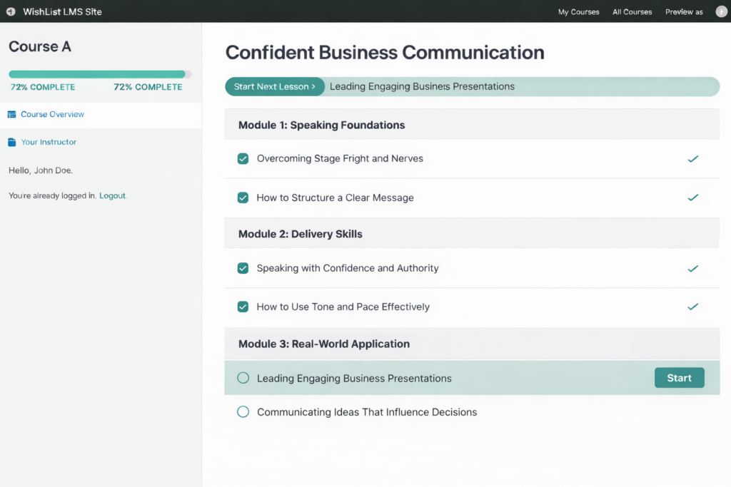 WishList LMS course dashboard with customized skill-based lessons and built-in progress tracking